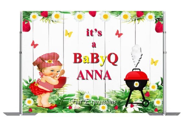 Baby-Q Girl Baby Shower Backdrop Digital File, Red with Sunflower Baby Shower Poster, Baby-Q Baby Shower Sign