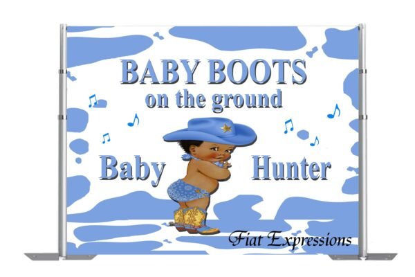 Baby Boots on the Ground Blue Cow Print Baby Shower Backdrop Digital File, Baby Shower Brown & Red Poster, Photo Prop, Baby Shower Sign