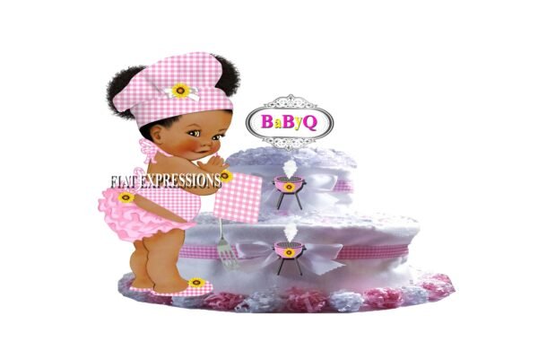 Baby-Q Girl Diaper Cake, 2 Tier Pink and Yellow, Baby-Q Baby Shower, Baby-Q Baby Shower Centerpiece & Gift