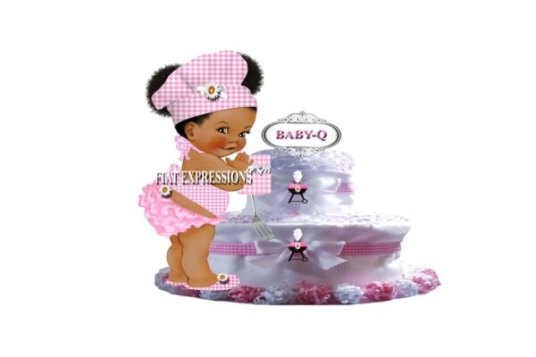 Baby-Q Girl Diaper Cake, 2 Tier Diaper Cake, White Sunflower Girl Diaper Cake, Baby-Q Baby Shower Centerpiece & Gift