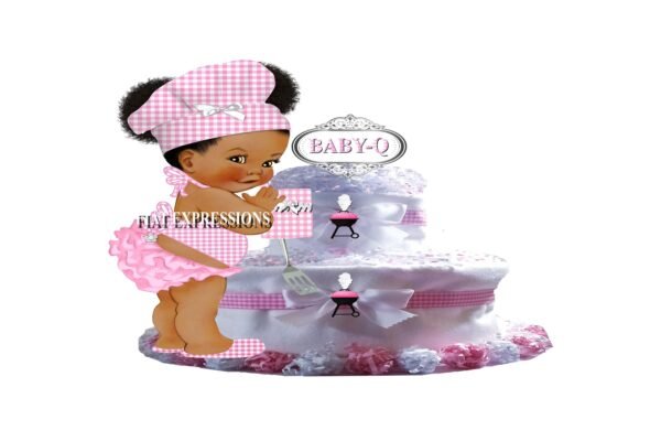Baby-Q Girl Diaper Cake, 2 Tier Pink with Potholder and Spatula, Baby-Q Baby Shower, Baby-Q Baby Shower Centerpiece & Gift