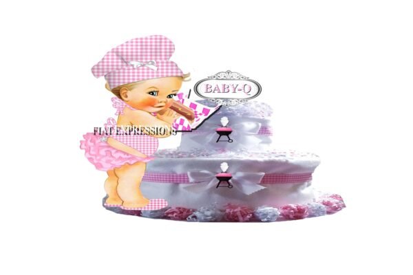 Baby-Q Diaper Cake, 2 Tier Diaper Cake, Girl with Grill Hotdog, Baby Shower, Baby-Q Baby Shower Centerpiece & Gift