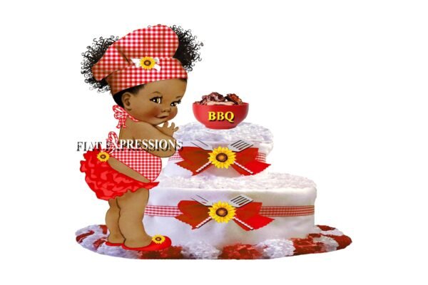 Baby-Q Diaper Cake, 2 Tier Diaper Cake, Sunflower and Red Diaper Cake, Baby-Q Baby Shower Centerpiece & Gift