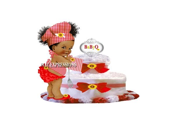 Baby-Q Girl Diaper Cake, 2 Tier Diaper Cake, Red with Sunflower, Potholder and Spatula Diaper Cake Baby-Q Baby Shower Centerpiece & Gift