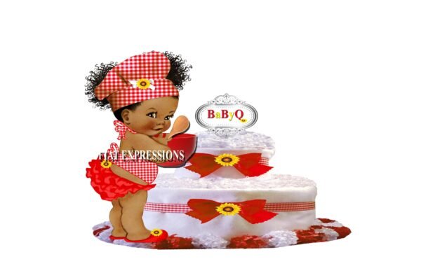 Baby-Q Girl Diaper Cake, 2 Tier Diaper Cake, Red with Sunflower and Bowl Diaper Cake, Baby-Q Baby Shower Centerpiece & Gift