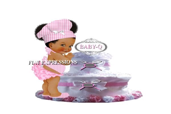 Baby-Q Girl Diaper Cake, 2 Tier Diaper Cake, Pink Diaper Cake, Baby-Q Baby Shower Centerpiece & Gift