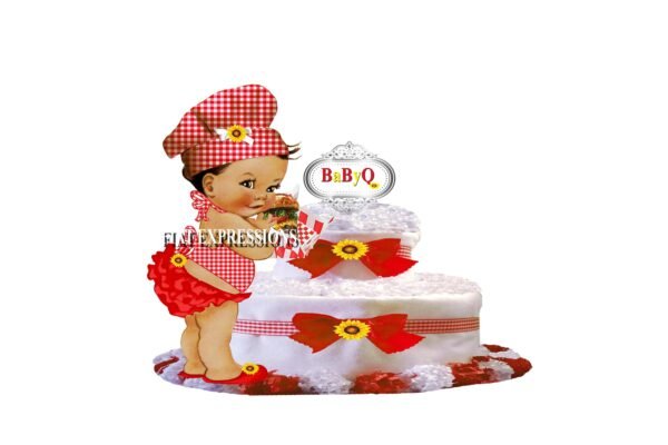Baby-Q Diaper Cake, 2 Tier Diaper Cake, Girl with Grill Burger Diaper Cake, Baby Shower, Baby-Q Baby Shower Centerpiece & Gift