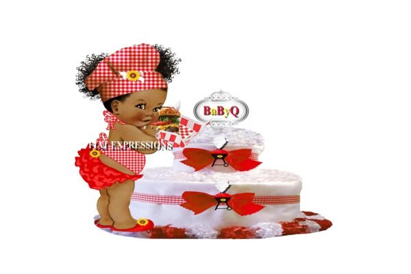 Baby-Q Diaper Cake, 2 Tier Diaper Cake, Girl with Grill Burger Diaper Cake, Baby-Q Baby Shower Centerpiece & Gift