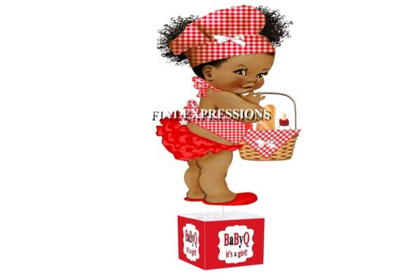 Baby-Q Girl with Basket Red & White Baby Shower Table Centerpiece
