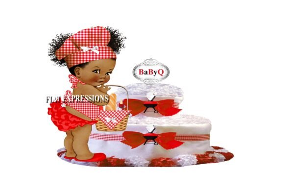 Baby-Q Girl Diaper Cake, 2 Tier Diaper Cake, Red with Basket, BBQ Baby-Q Baby Shower Centerpiece & Gift