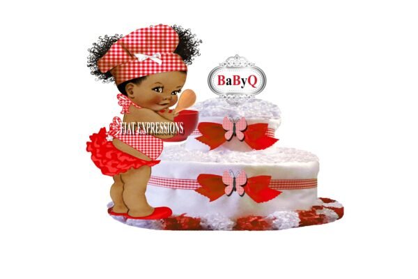 Baby-Q Red Diaper Cake, 2 Tier Diaper Cake, Girl with Bowl Diaper Cake, Baby Shower, Baby-Q Baby Shower Centerpiece & Gift