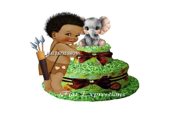 Safari Boy Diaper Cake, Elephant Diaper Cake, Jungle Green Diaper Cake, 2 Tier Diaper Cake, Safari Baby Shower Centerpiece and Gift