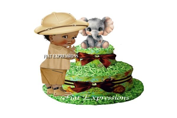 Safari Baby Boy Diaper Cake, Elephant Diaper Cake, Jungle Green Diaper Cake, 2 Tier Diaper Cake, Safari Baby Shower Centerpiece and Gift