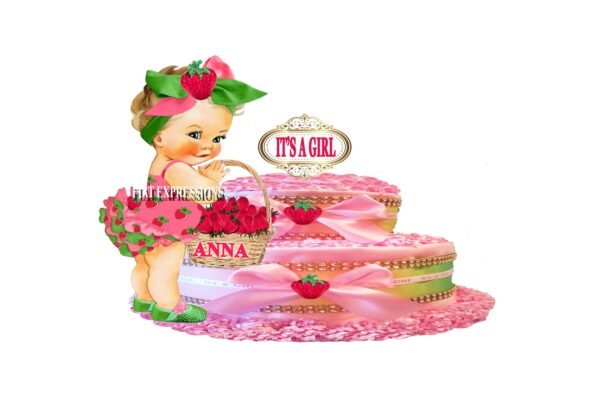 Strawberry Girl Diaper Cake, 2 Tier Diaper Cake, Pink & Green with Basket Diaper Cake, Strawberry Baby Shower Centerpiece and Gift