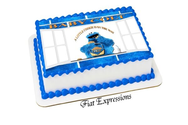 Cookie Monster Themed Baby Shower Edible Cake Image, Cookie Baby Monster Sitting in Window with Cookie Basket Digital File