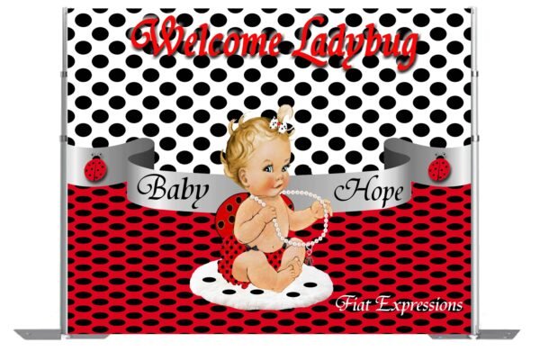 Ladybug Red & Black Baby Shower Poster Backdrop Digital File, Girl Sitting on Blanket with Small Polka Dots