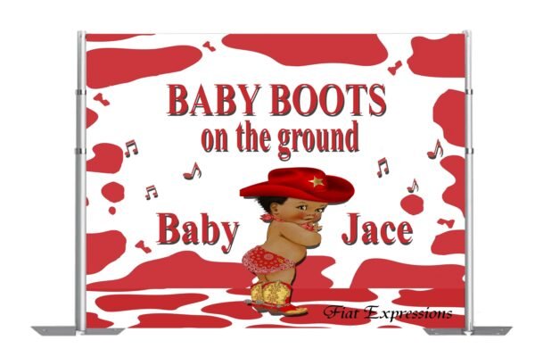 Baby Boots on the Ground Red Cow Print Baby Shower Backdrop Digital File, Baby Shower Brown & Red Poster, Photo Prop, Baby Shower Sign