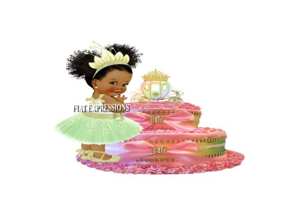 Princess Pink and Green with Carriage Diaper Cake, 2 Tier Diaper Cake, Princess Tiana Themed Diaper Cake, Baby Shower Centerpiece & Gift