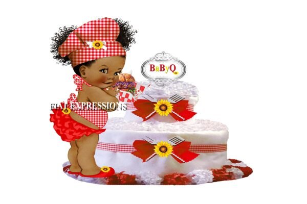 Baby-Q Girl Diaper Cake, 2 Tier Red with Sunflower and Grill, Baby-Q Baby Shower Centerpiece & Gift