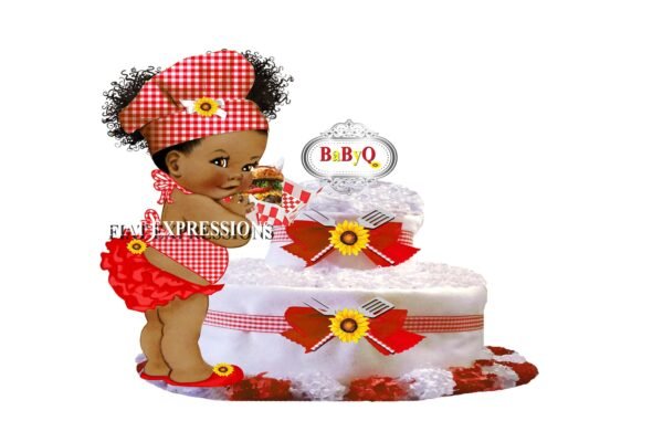 Baby-Q Girl Diaper Cake, 2 Tier Red with Sunflower and Grill Burger Diaper Cake, Baby-Q Baby Shower Centerpiece & Gift