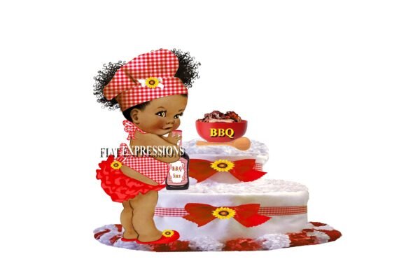 Baby-Q Girl Diaper Cake, 2 Tier Diaper Cake, Red with BBQ Bowl and BBQ Sauce Diaper Cake, Baby-Q Baby Shower Centerpiece & Gift