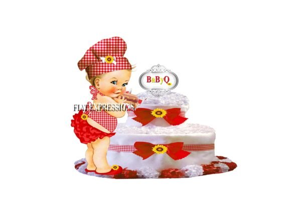 Baby-Q Pink Diaper, Cake 2 Tier Diaper Cake, Girl with BBQ Hot Dog, Baby-Q Baby Shower Centerpiece & Gift