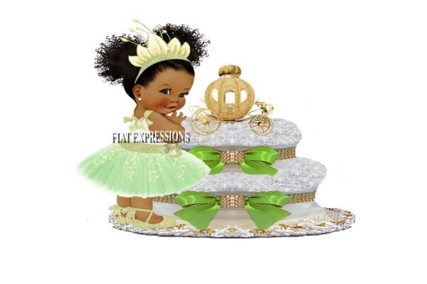 Princess and Carriage Green Diaper Cake, 2Tier Diaper Cake, Princess Tiana Themed Diaper Cake, Baby Shower Centerpiece & Gift