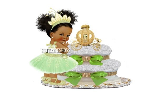 Princess Green with Frog in Carriage Diaper Cake, 2Tier Diaper Cake, Princess Tiana Themed Diaper Cake, Baby Shower Centerpiece & Gift