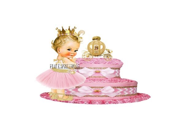 Princess Pink with Bear in Gold Carriage Diaper Cake, 2 Tier Burp Cloth Diaper Cake, Princess Baby Shower Centerpiece and Gift