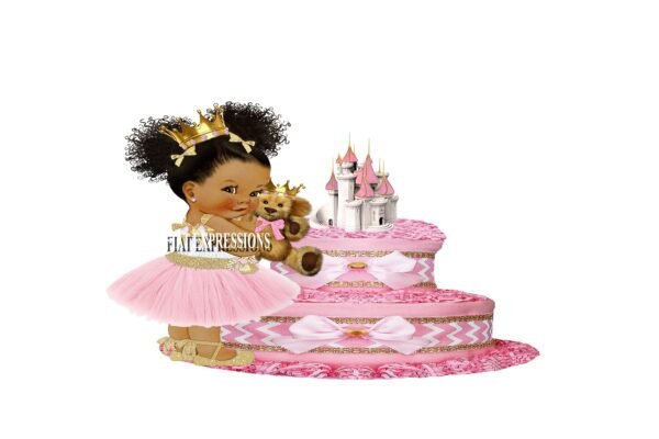 Princess with Bear & Pink Castle Diaper Cake, 2 Tier Diaper Cake, Princess Baby Shower Centerpiece and Gift