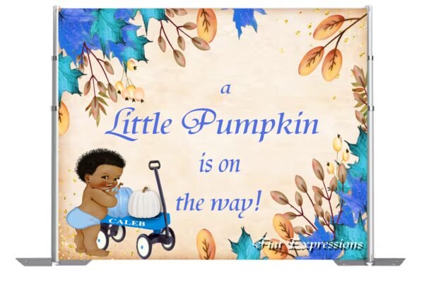 Pumpkin Boy with Wagon Blue Baby Shower Backdrop, Autumn Baby Shower Backdrop, Fall Baby Shower Backdrop Digital File DIGITAL