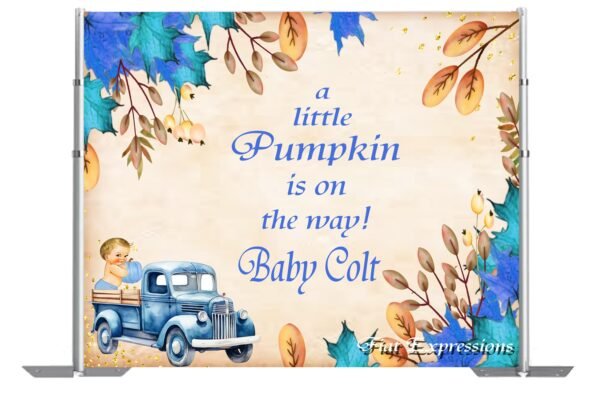 Pumpkin Boy in Truck Blue Baby Shower Backdrop, Autumn Baby Shower Backdrop, Fall Baby Shower Backdrop Digital File DIGITAL