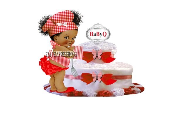 Baby-Q Red Diaper Cake, 2 Tier Diaper Cake, Girl with Potholder Diaper Cake, Baby Shower, Baby-Q Baby Shower Centerpiece & Gift
