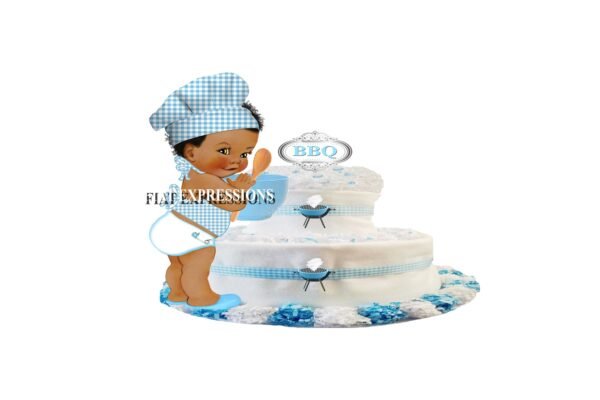 Baby-Q Boy with Bowl Diaper Cake, 2 Tier Blue Diaper Cake, Baby Shower, Baby-Q Baby Shower Centerpiece & Gift