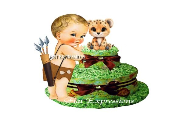 Safari Boy Diaper Cake, Jungle Green Diaper Cake, Cheetah Diaper Cake, 2 Tier Diaper Cake, Safari Baby Shower Centerpiece and Gift