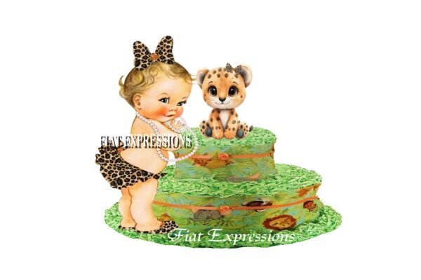 Safari Girl Diaper Cake, Cheetah Diaper Cake, Jungle Green Diaper Cake, 2 Tier Diaper Cake, Safari Baby Shower Centerpiece and Gift