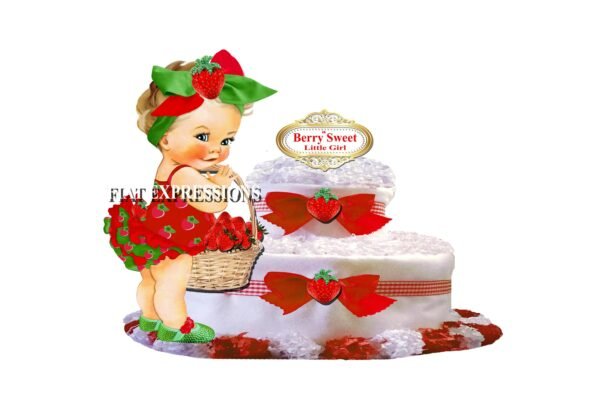 Strawberry Diaper Cake, 2 Tier Girl & Basket Diaper Cake, Strawberry Baby Shower Centerpiece and Gift