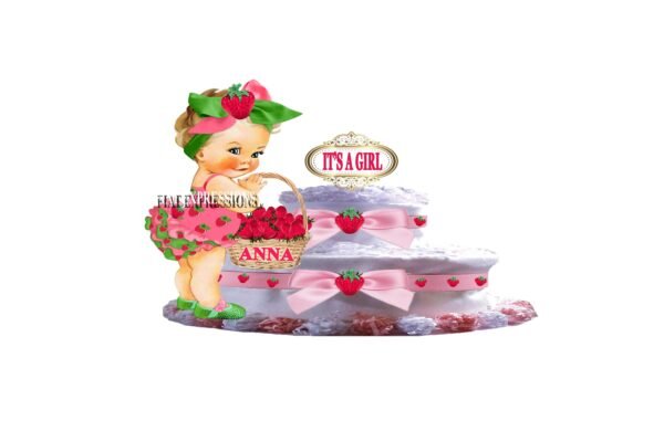 Strawberry Pink & Green Diaper Cake, Girl with Basket Diaper Cake, 2 Tier Diaper Cake, Strawberry Baby Shower Centerpiece and Gift