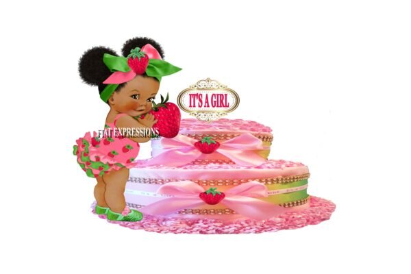 Strawberry Girl Diaper Cake, 2 Tier Diaper Cake, Pink & Green Diaper Cake, Strawberry Baby Shower Centerpiece and Gift