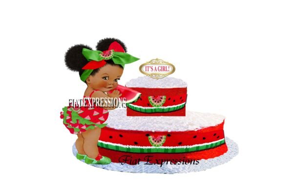 Watermelon Girl Diaper Cake, 2 Tier Diaper Cake, Baby Shower Centerpiece and Gift