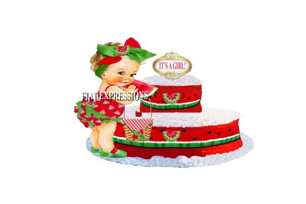Watermelon Girl Diaper Cake, 2 Tier Diaper Cake, Red & Green Diaper Cake, Baby Shower Centerpiece and Gift