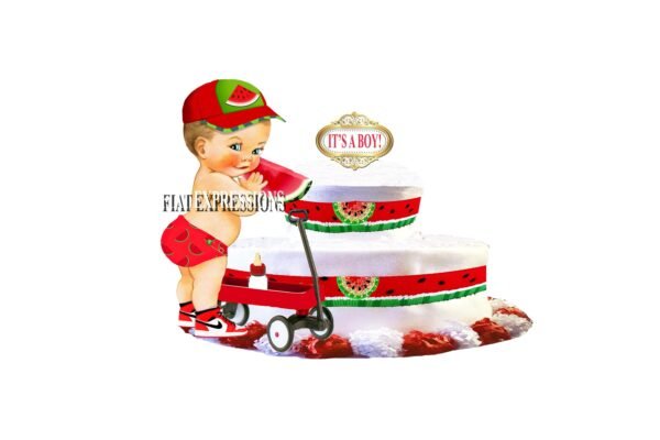 Watermelon Boy Diaper Cake, 2 Tier Diaper Cake, Boy with Wagon Diaper Cake, Watermelon Baby Shower Centerpiece & Gift