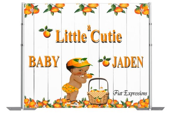 A Little Cutie Orange White & Green Boy Baby Shower Poster Backdrop Digital File