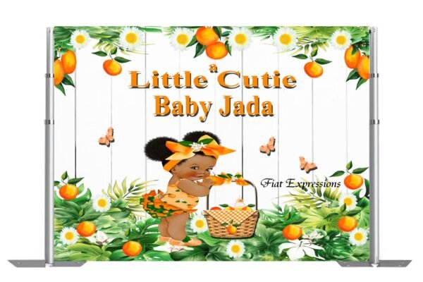 A Little Cutie Orange Girl Baby Shower Poster Backdrop Digital File