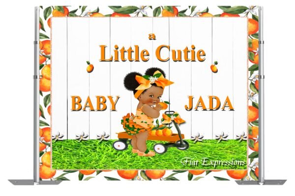 Little Cutie Orange Girl & Wagon Baby Shower Poster Backdrop Digital File DIGITAL