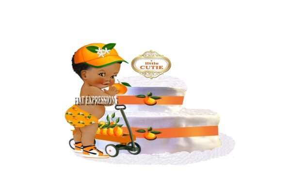A Little Cutie Orange Boy & Wagon Diaper Cake, 2 Tier Diaper Cake, Little Cutie Orange Baby Shower Centerpiece and Gift