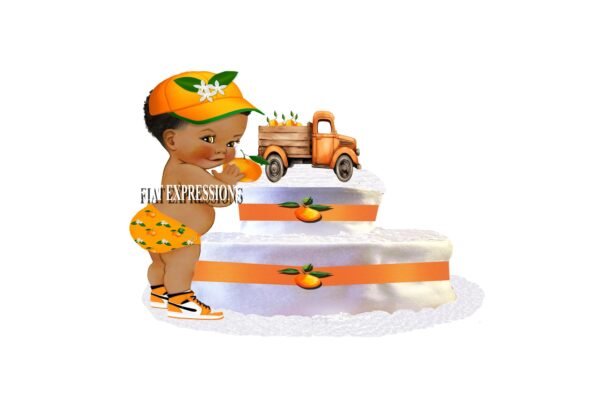 A Little Cutie Orange Boy & Truck Diaper Cake, 2 Tier Diaper Cake, Little Cutie Orange Baby Shower Centerpiece and Gift