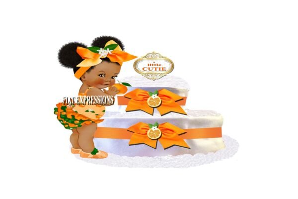 A Little Cutie Orange Girl Diaper Cake, 2 Tier Diaper Cake, Little Cutie Orange Baby Shower Centerpiece & Gift