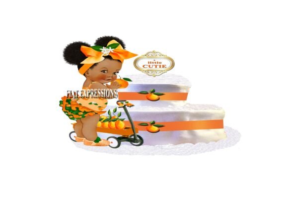 A Little Cutie Orange Girl & Wagon Diaper Cake, 2 Tier Diaper Cake, Little Cutie Orange Baby Shower Centerpiece and Gift