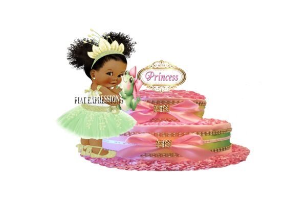Princess & Frog Pink and Green Diaper Cake, 2 Tier Diaper Cake, Princess Tiana Themed Diaper Cake, Baby Shower Centerpiece and Gift